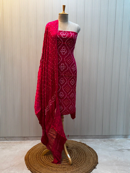 Unstitched Modal Silk Bandhani Suit – Fuchsia Pink