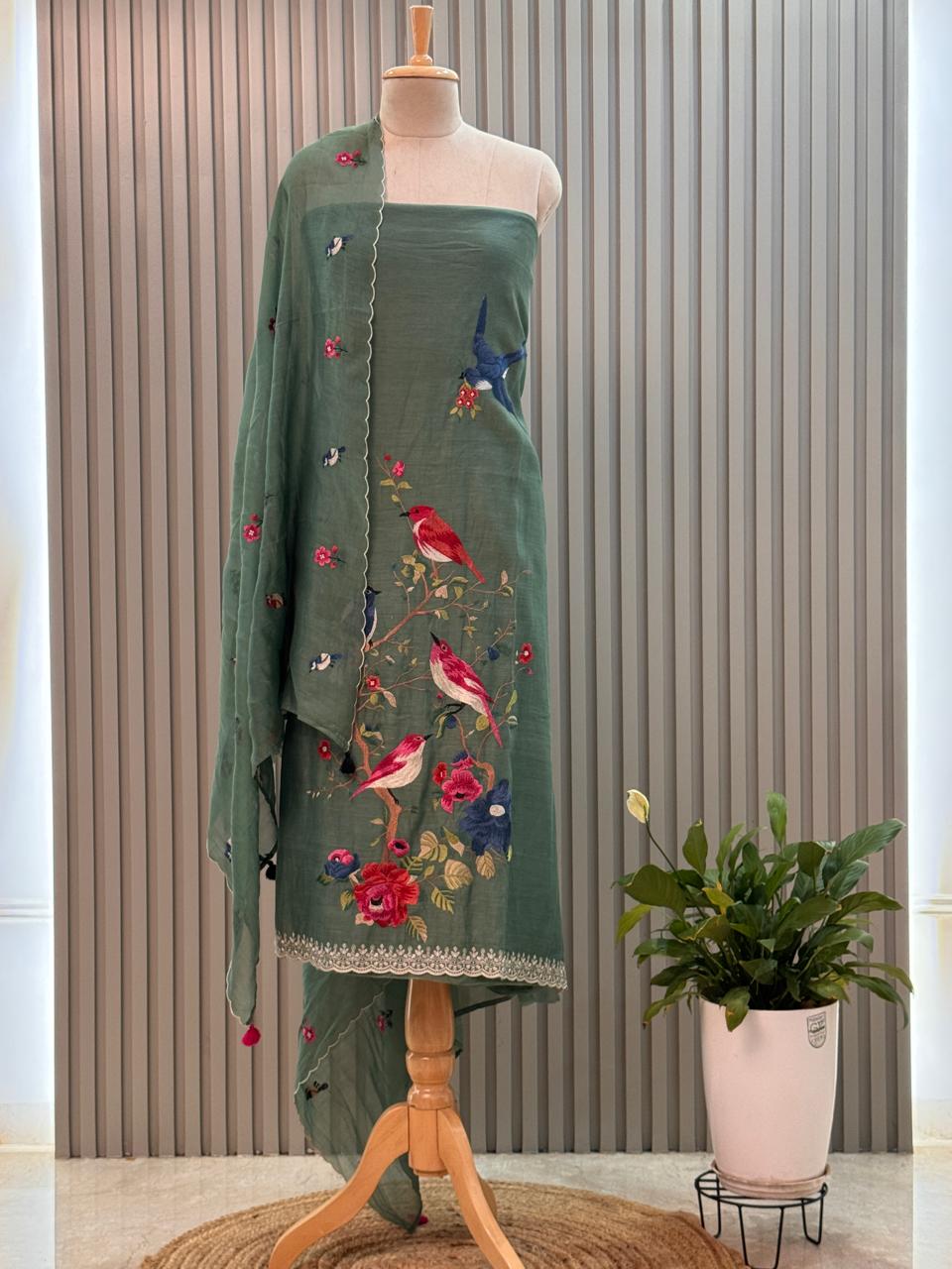 Pure mul chanderi suit with bird resham embroidery