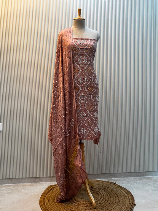 Unstitched Modal Silk Bandhani Suit – Peach Design 2