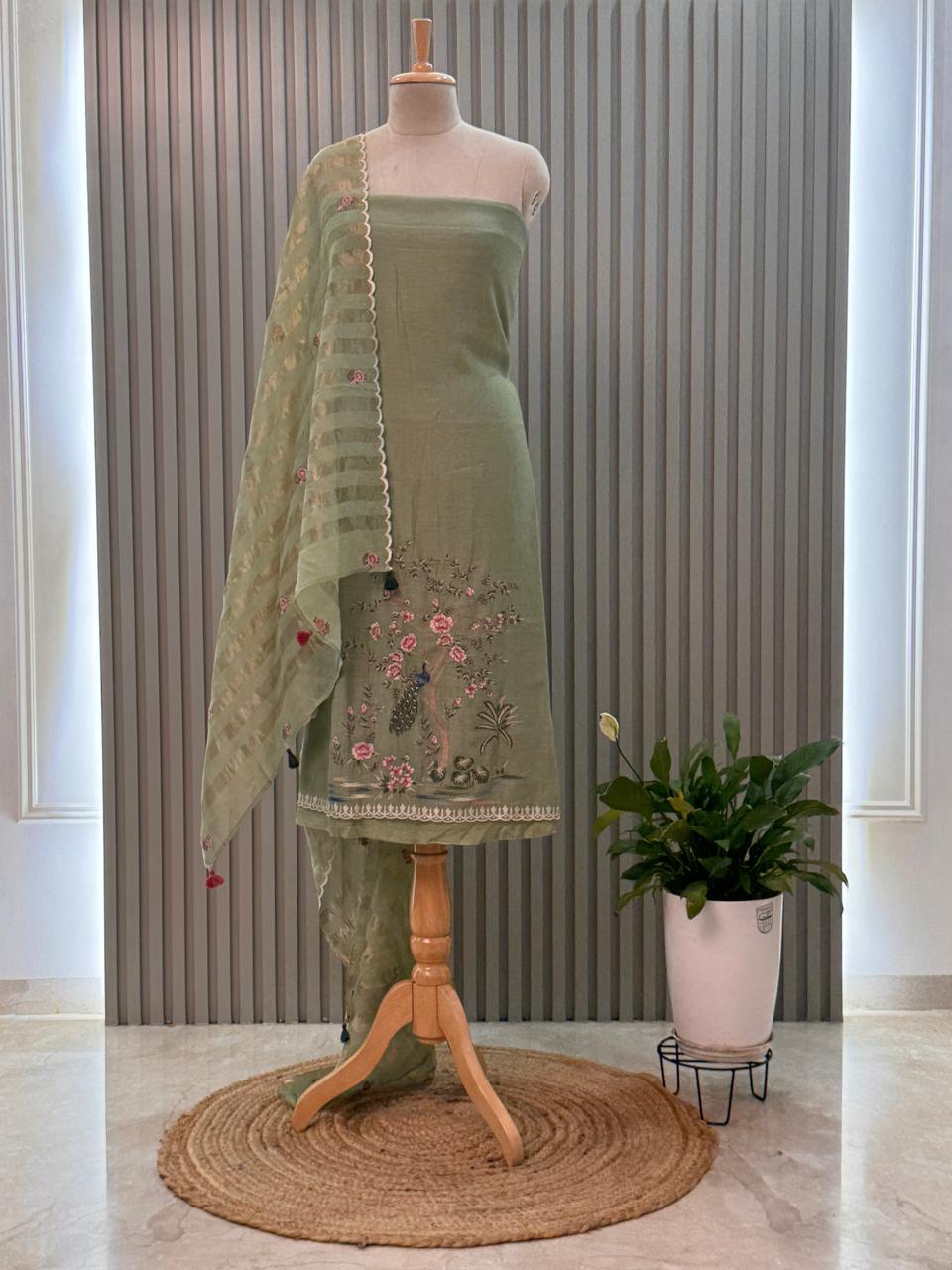 Peacock Motif Mul Chanderi Suit with Tissue Strip Dupatta