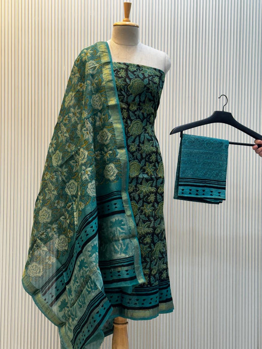 Unstitched Ajrakh Print Maheshwari Silk Suit – Teal Green