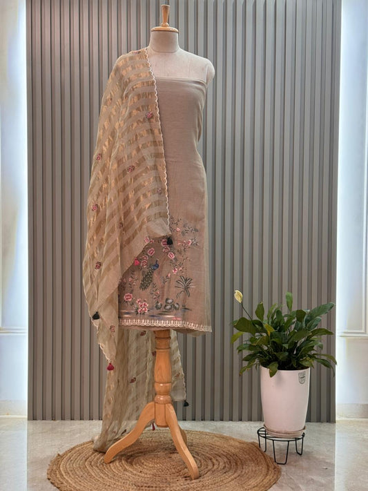 Unstitched Peacock Motif Mul Chanderi Suit with Tissue Strip Dupatta