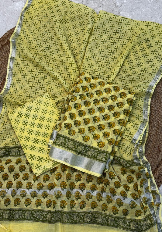 Unstitched Soft Cotton Linen Suit – Lemon Yellow