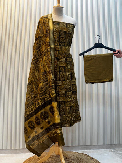 Unstitched Ajrakh Print Maheshwari Silk Suit – Yellow Design 3