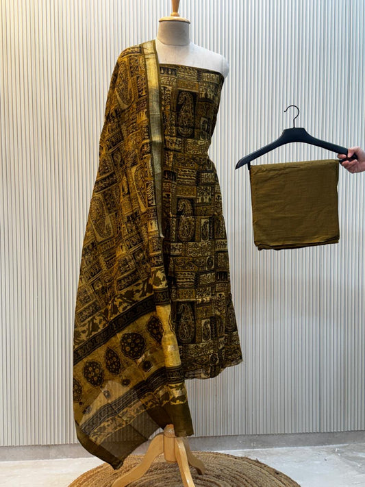 Unstitched Ajrakh Print Maheshwari Silk Suit – Yellow Design 3