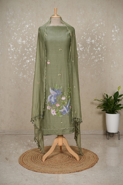 Unstitched Bird Embroidery Pure Mul Chanderi Suit with Tassel Dupatta – 3 Pc Set