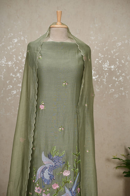 Unstitched Bird Embroidery Pure Mul Chanderi Suit with Tassel Dupatta – 3 Pc Set