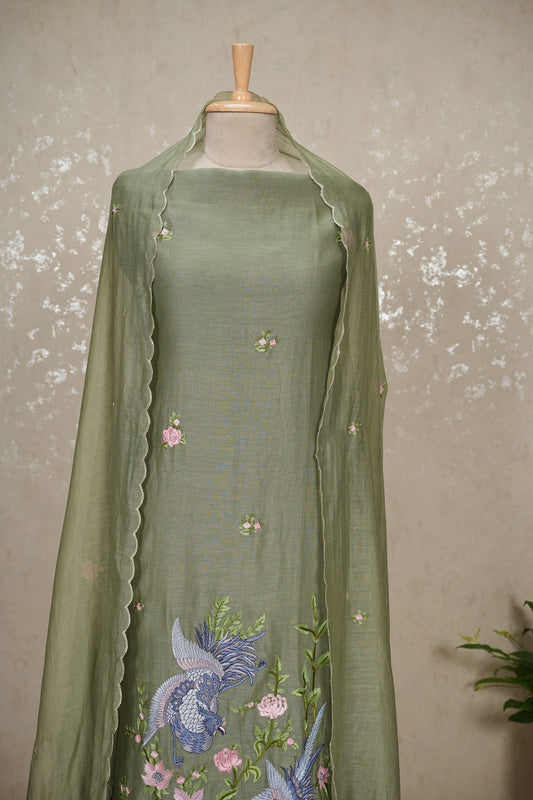 Unstitched Bird Embroidery Mul Chanderi Suit – Green