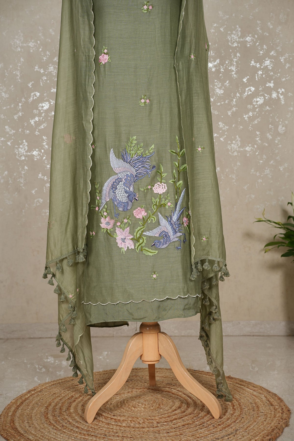 Unstitched Bird Embroidery Pure Mul Chanderi Suit with Tassel Dupatta – 3 Pc Set