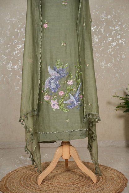 Unstitched Bird Embroidery Pure Mul Chanderi Suit with Tassel Dupatta – 3 Pc Set