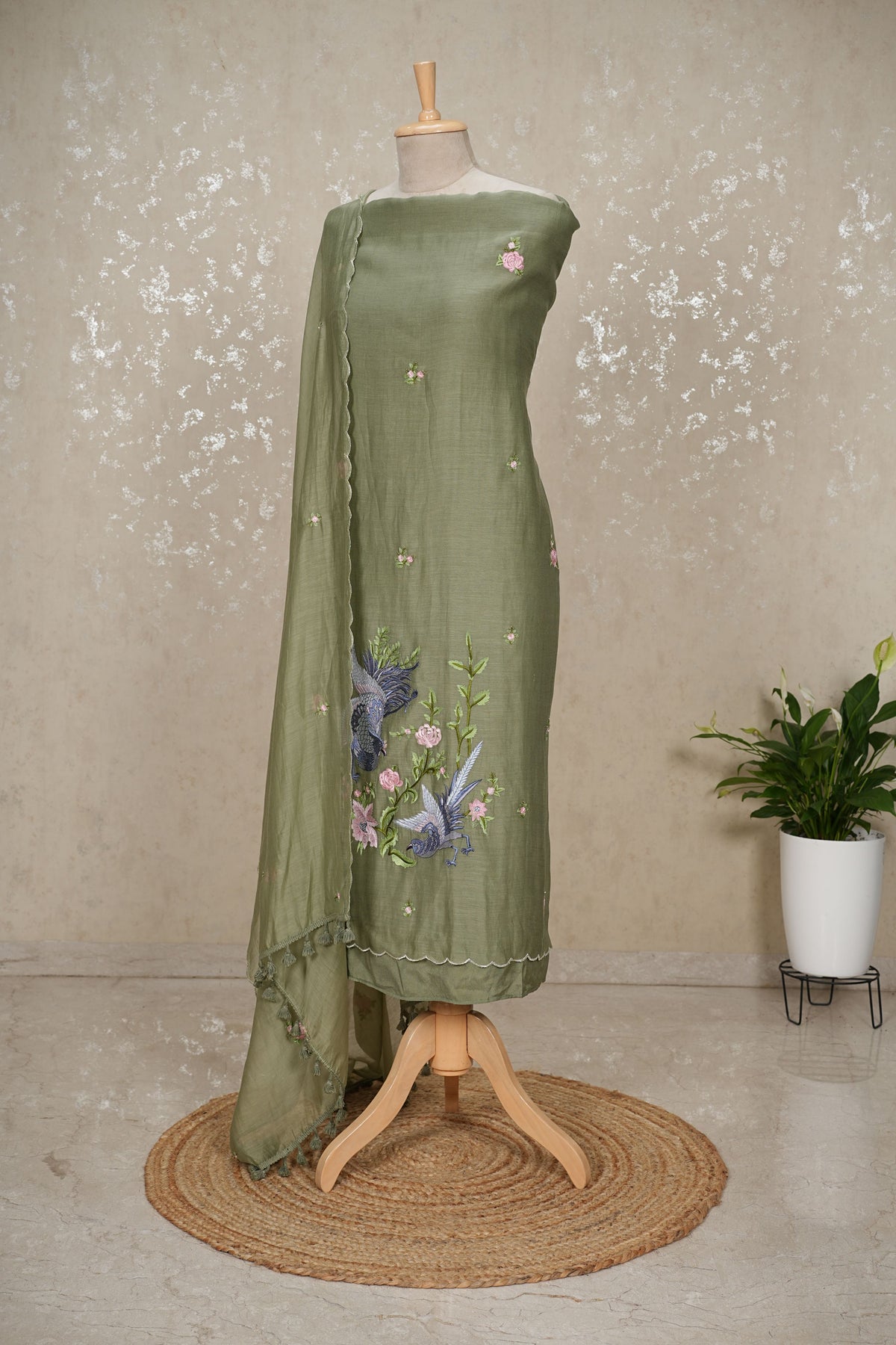 Unstitched Bird Embroidery Pure Mul Chanderi Suit with Tassel Dupatta – 3 Pc Set