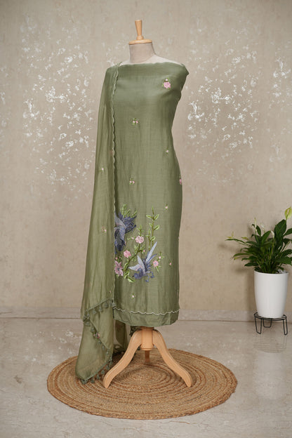 Unstitched Bird Embroidery Pure Mul Chanderi Suit with Tassel Dupatta – 3 Pc Set