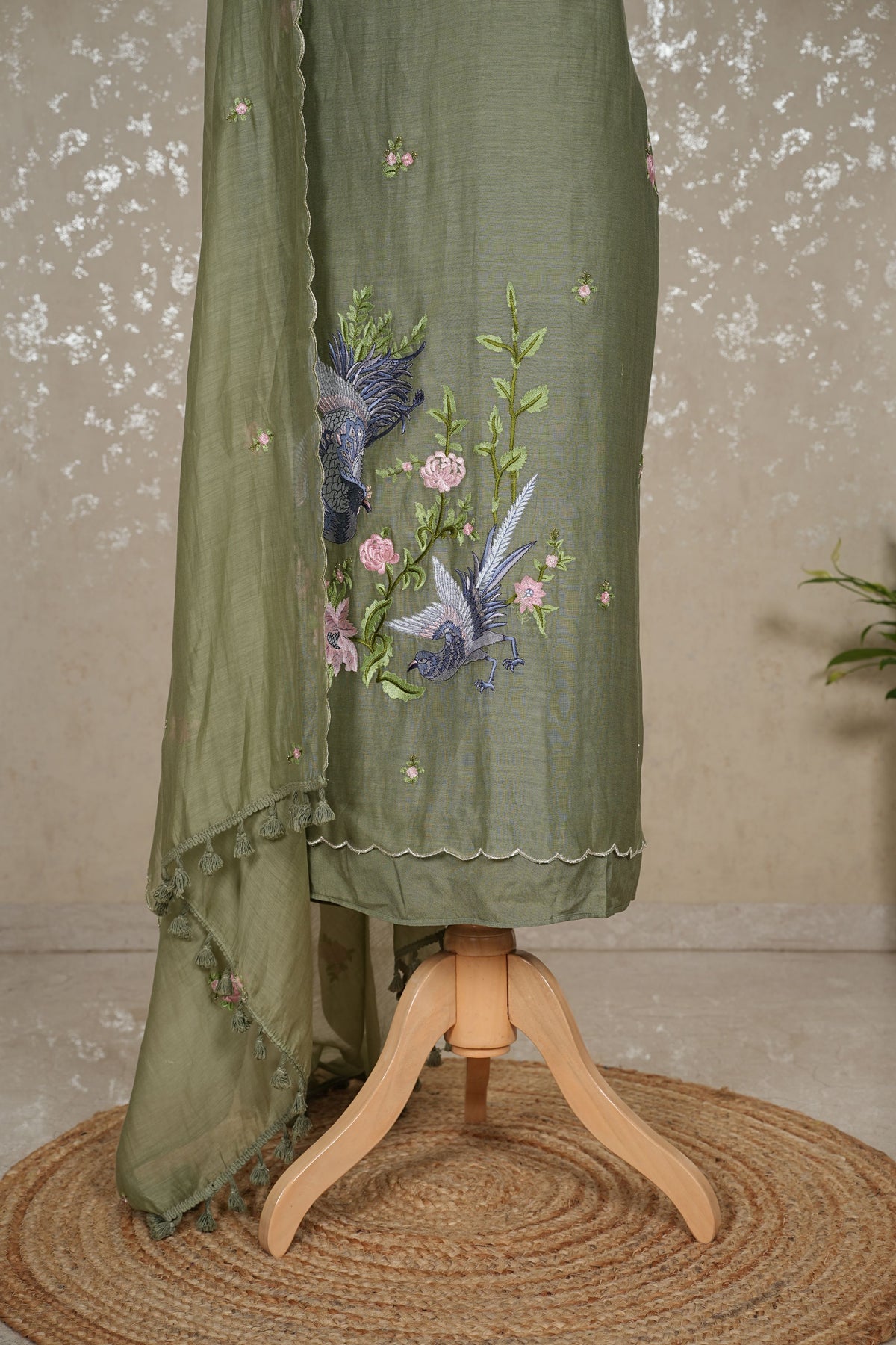 Unstitched Bird Embroidery Pure Mul Chanderi Suit with Tassel Dupatta – 3 Pc Set