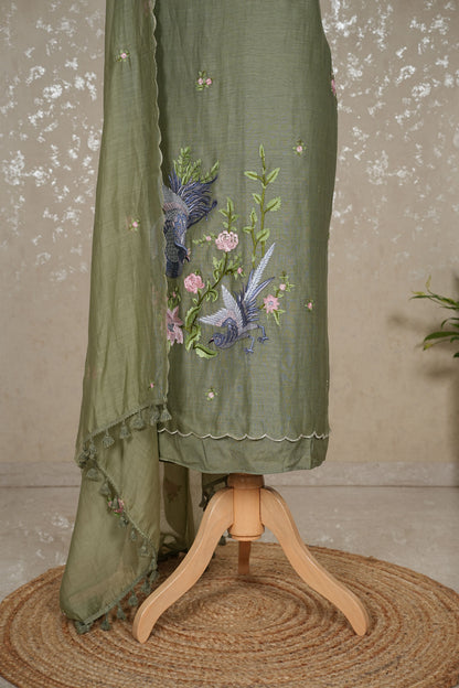 Unstitched Bird Embroidery Pure Mul Chanderi Suit with Tassel Dupatta – 3 Pc Set