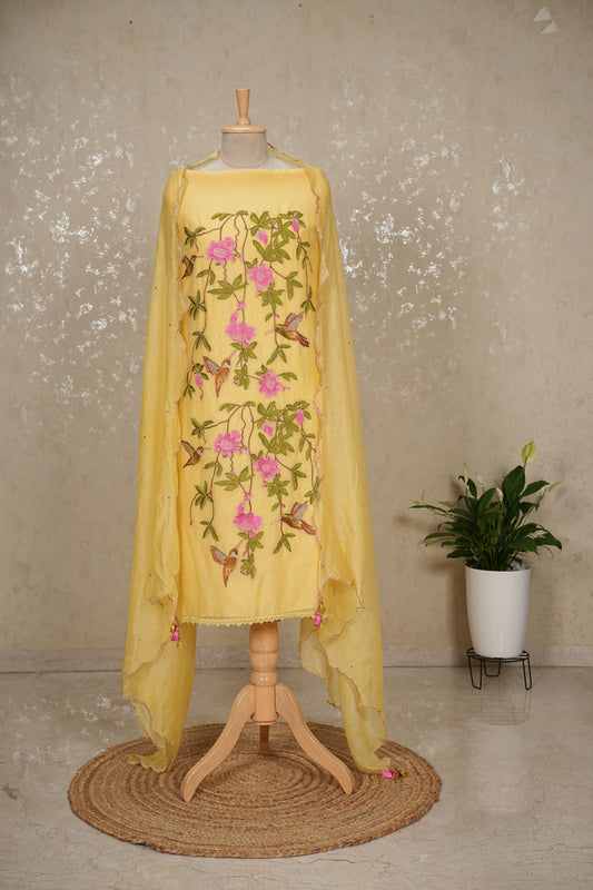 Unstitched Hummingbird Embroidered Mul Chanderi Suit – Yellow