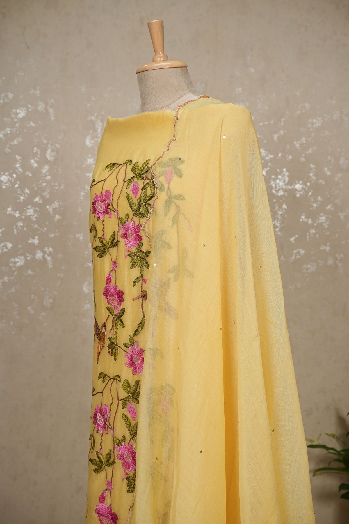 Unstitched Hummingbird Embroidered Mul Chanderi Suit with Sequin Dupatta – 3 Pc Set