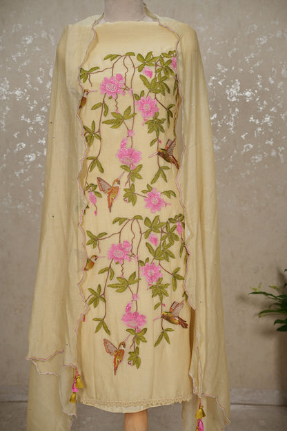 Unstitched Hummingbird Embroidered Mul Chanderi Suit – Light Yellow