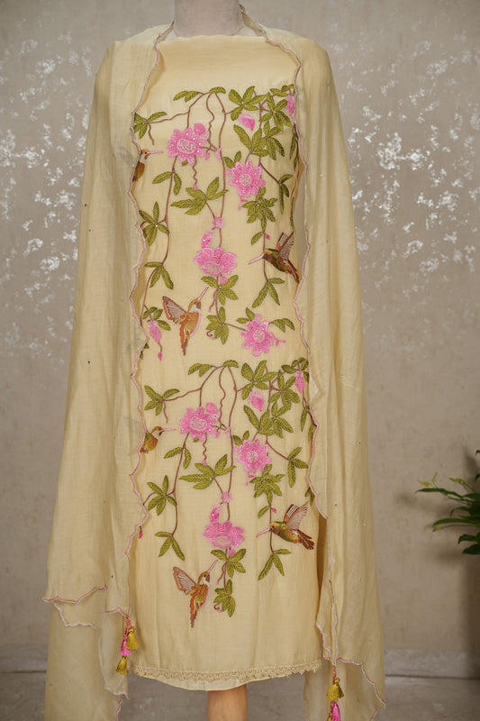 Unstitched Hummingbird Embroidered Mul Chanderi Suit – Light Yellow