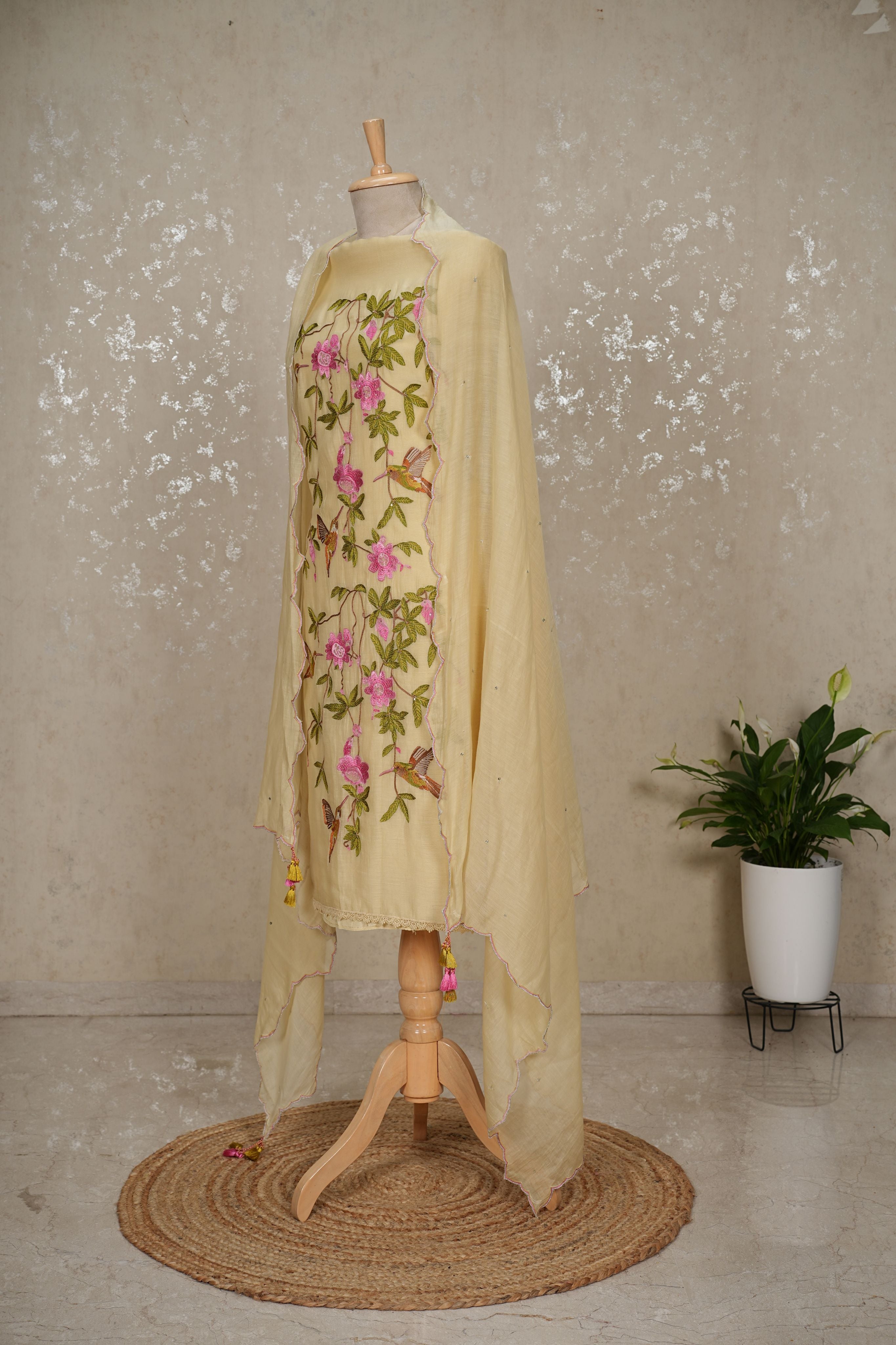 Hummingbird Embroidered Mul Chanderi Suit with Sequin Dupatta – 3 Pc Set