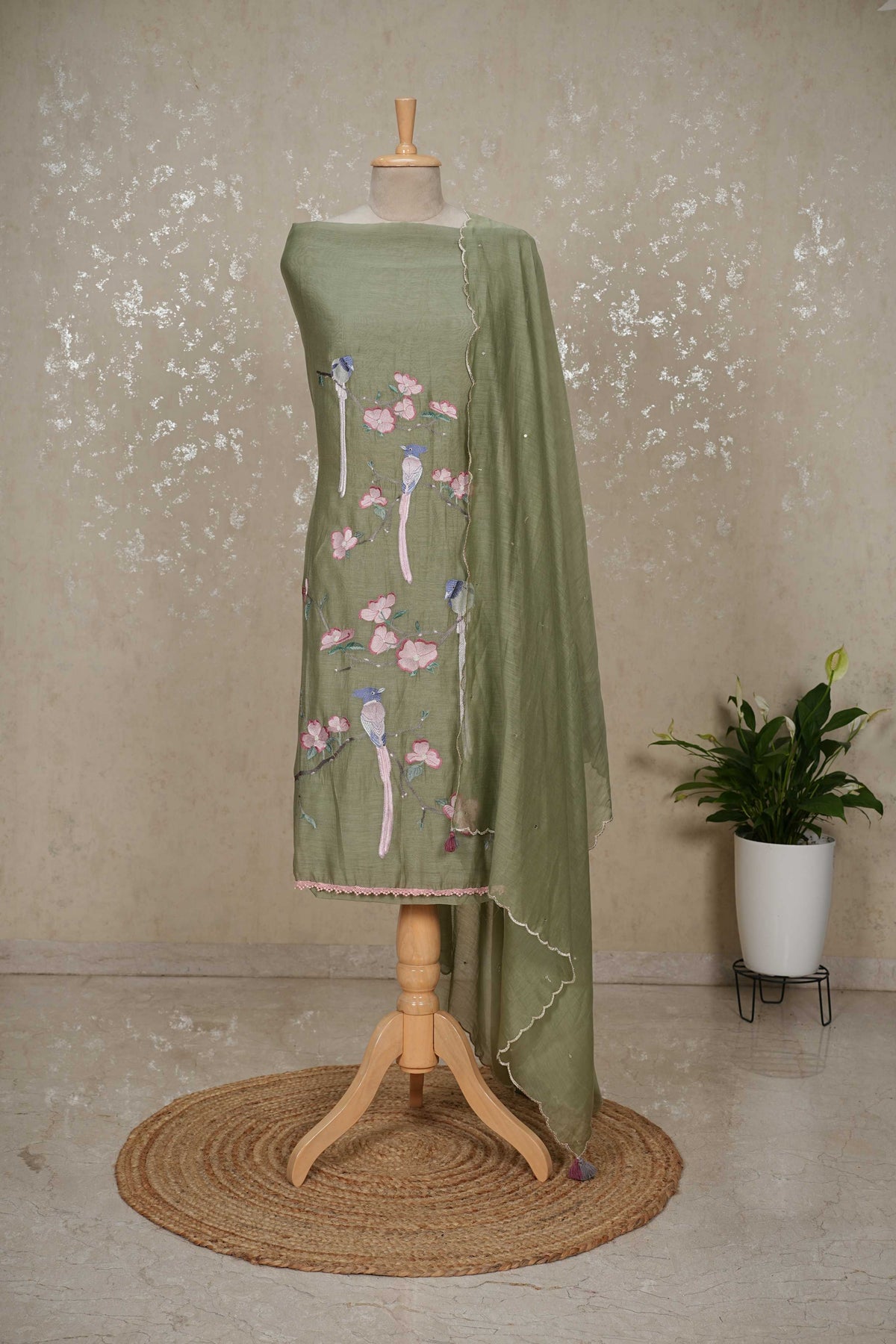 Unstitched Bird Motif Mul Chanderi Suit with Sequined Dupatta – 3 Pc Set