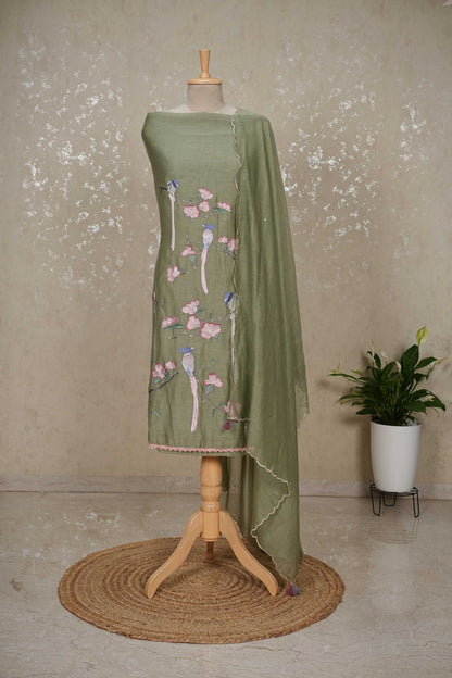Unstitched Bird Motif Mul Chanderi Suit with Sequined Dupatta – 3 Pc Set