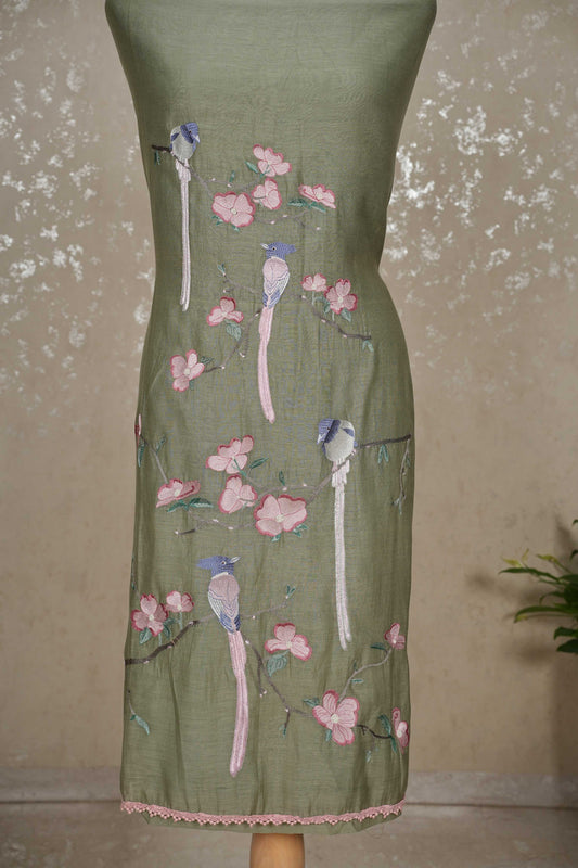 Unstitched Bird Motif Mul Chanderi Suit with Sequined Dupatta – 3 Pc Set