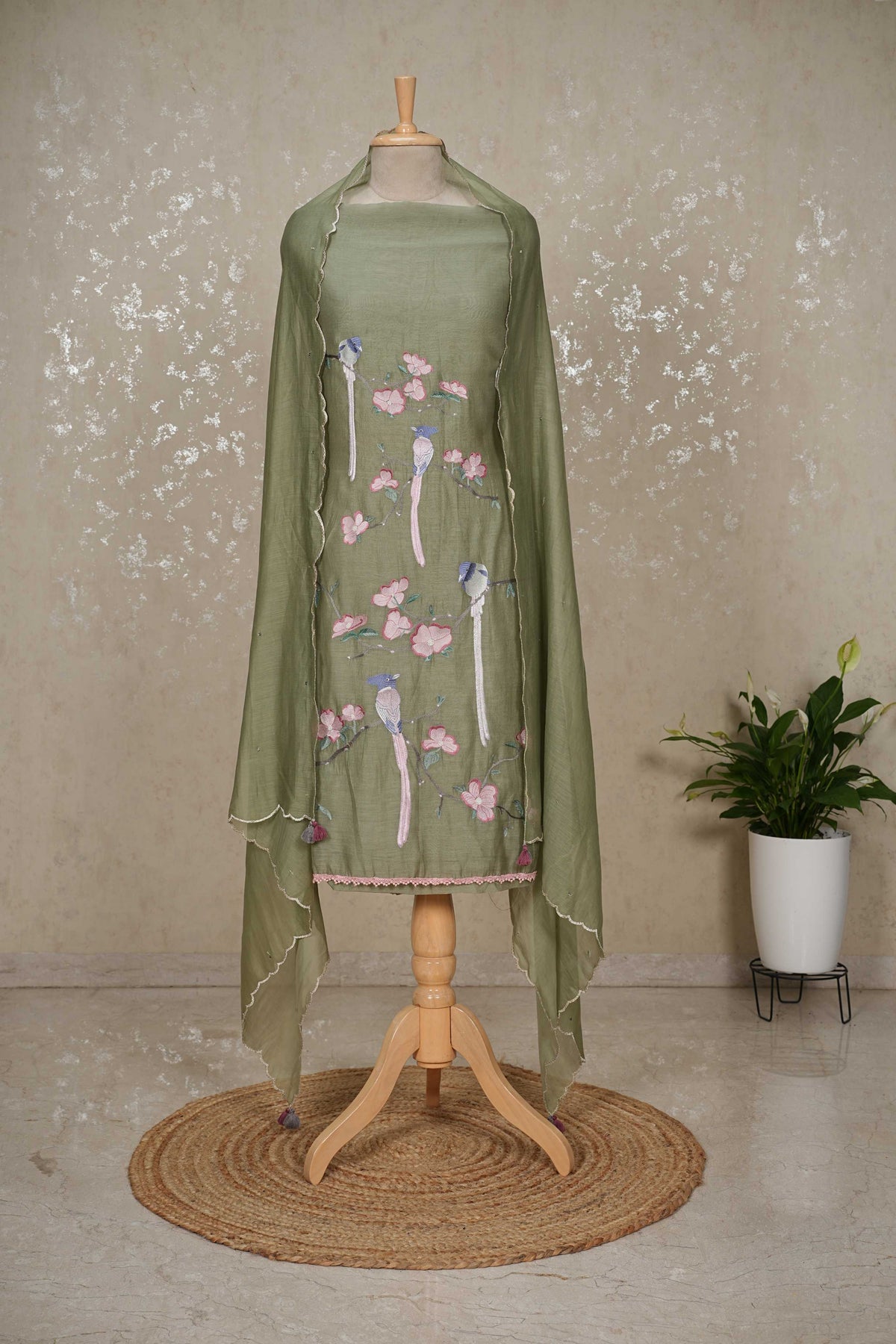 Unstitched Bird Motif Mul Chanderi Suit with Sequin Dupatta – Green