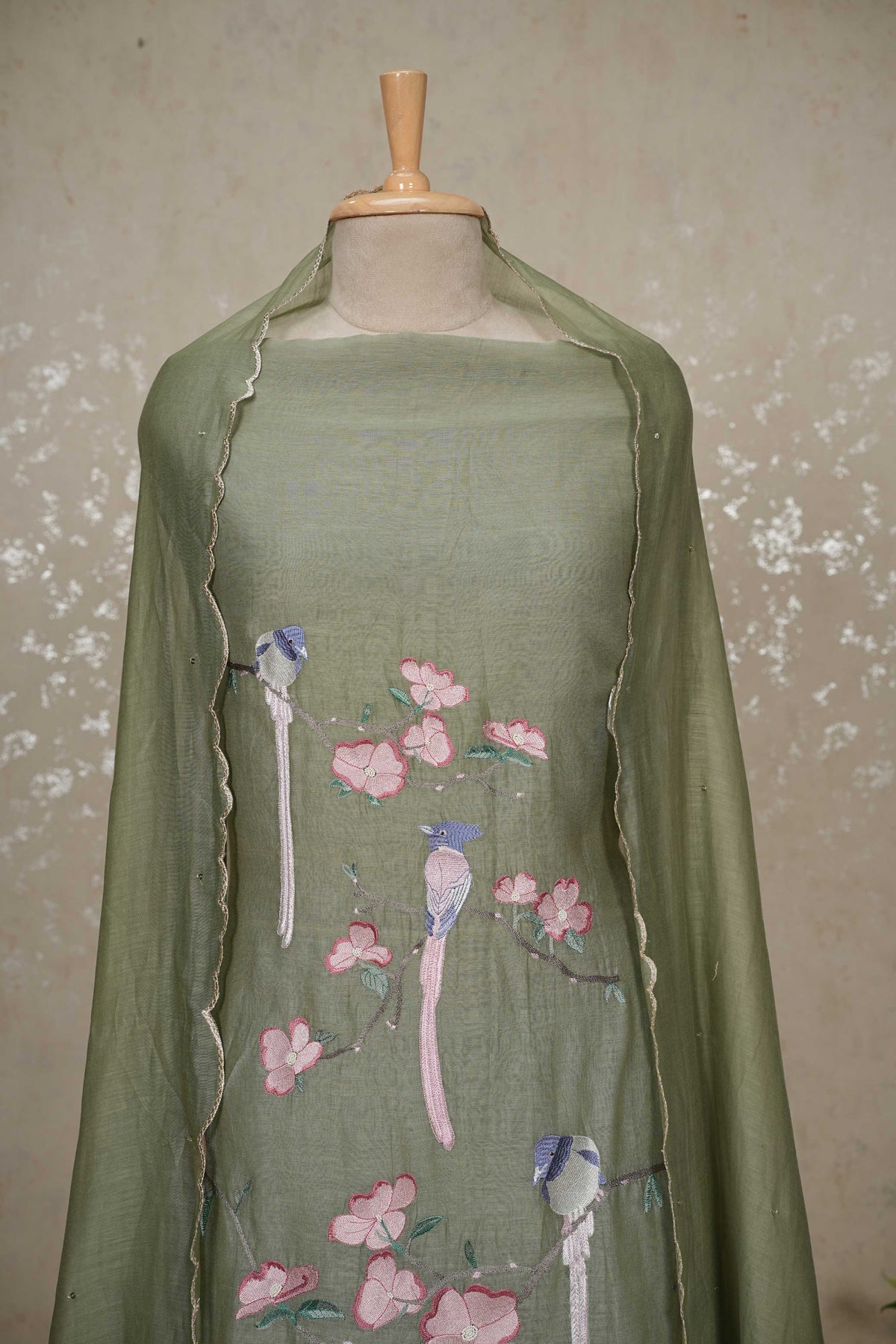 Unstitched Bird Motif Mul Chanderi Suit with Sequined Dupatta – 3 Pc Set