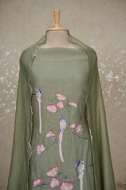 Unstitched Bird Motif Mul Chanderi Suit with Sequined Dupatta – 3 Pc Set