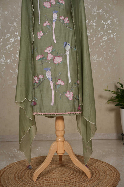 Unstitched Bird Motif Mul Chanderi Suit with Sequined Dupatta – 3 Pc Set