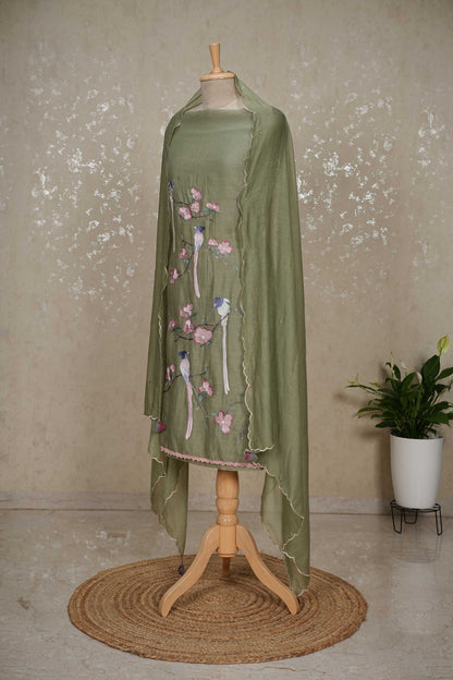 Unstitched Bird Motif Mul Chanderi Suit with Sequined Dupatta – 3 Pc Set