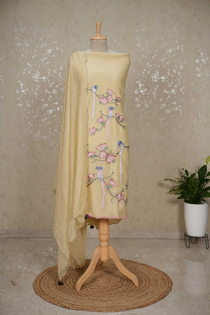 Unstitched Bird Motif Mul Chanderi Suit with Sequined Dupatta – 3 Pc Set