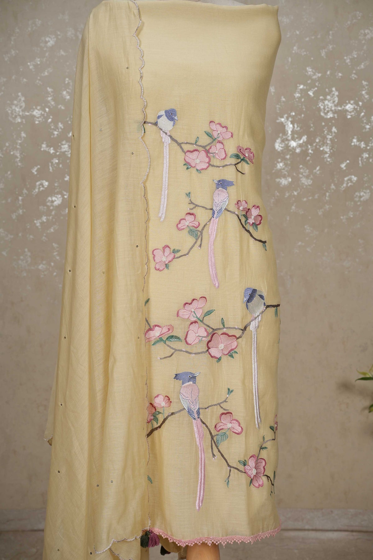 Unstitched Bird Motif Mul Chanderi Suit with Sequined Dupatta – 3 Pc Set