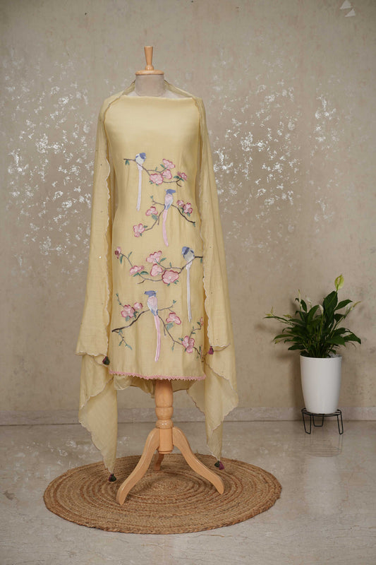 Unstitched Bird Motif Mul Chanderi Suit with Sequin Dupatta – Yellow