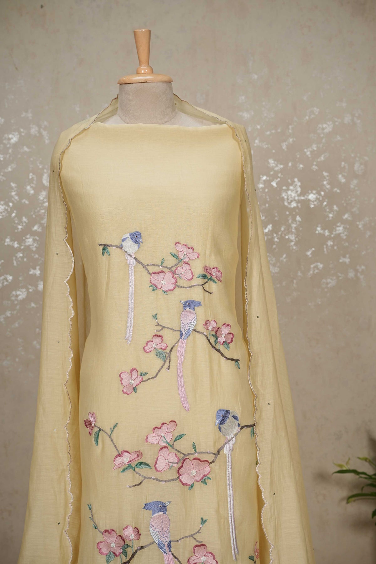 Unstitched Bird Motif Mul Chanderi Suit with Sequined Dupatta – 3 Pc Set