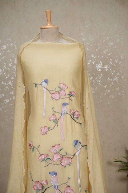Unstitched Bird Motif Mul Chanderi Suit with Sequined Dupatta – 3 Pc Set