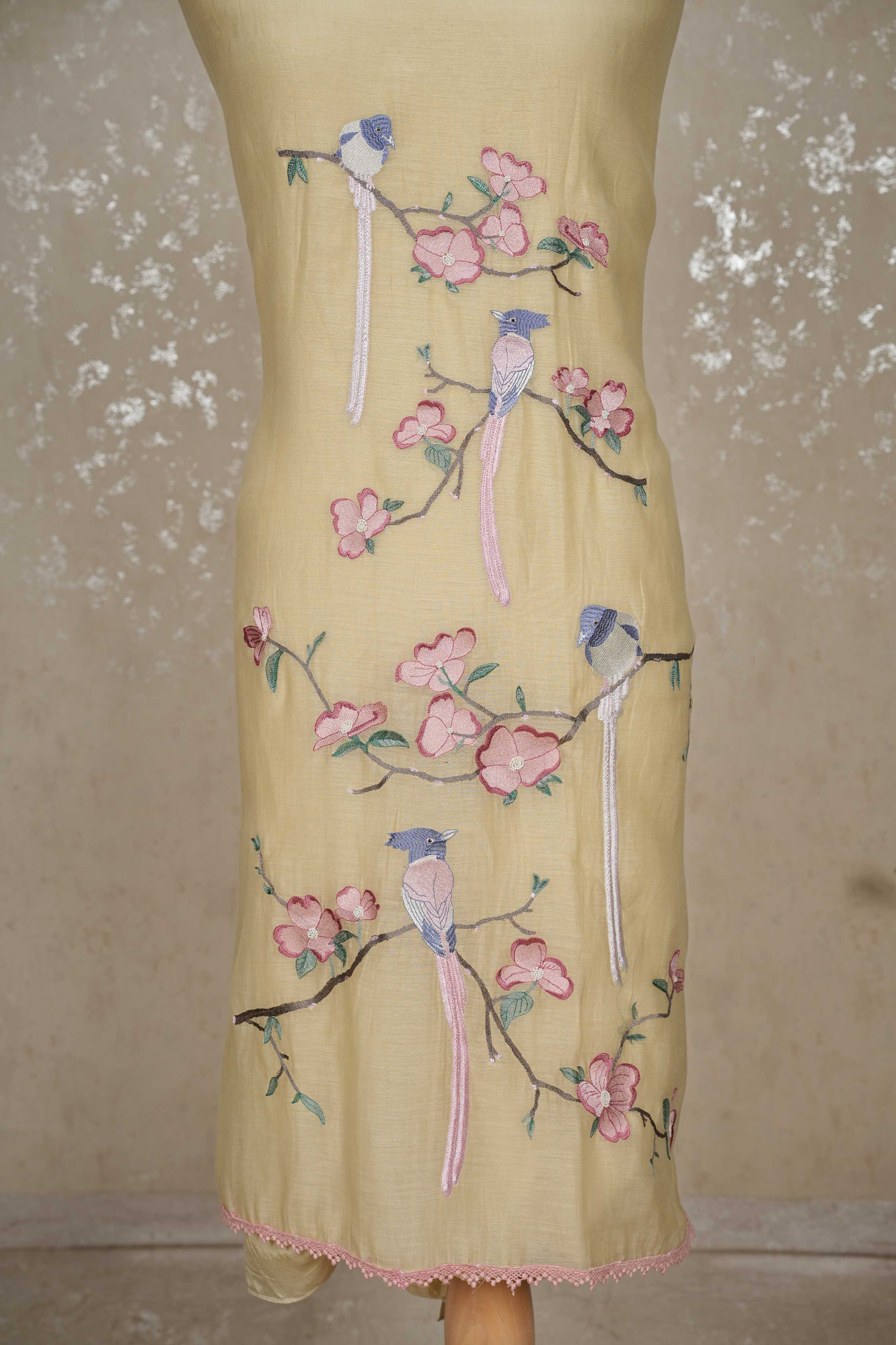 Bird Motif mulChanderi 3-Piece Suit with Sequined Dupatta