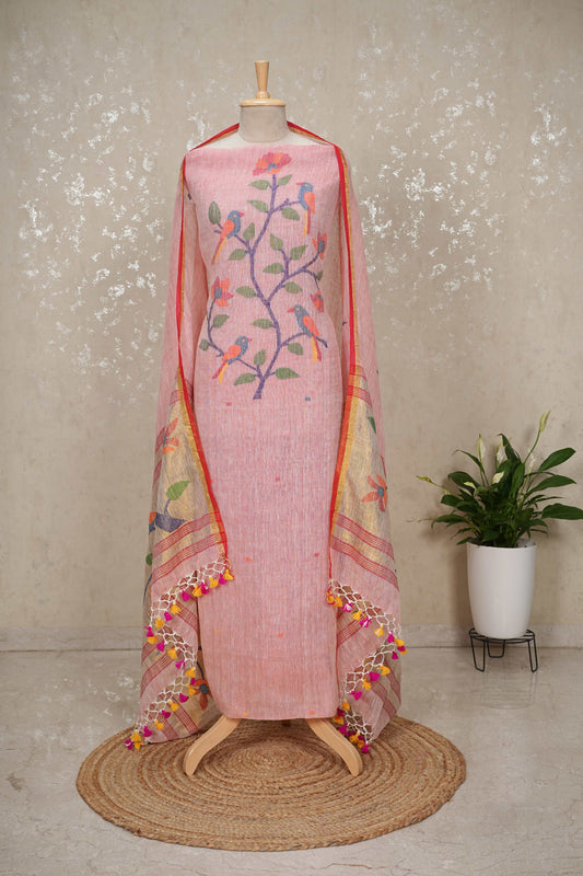 Unstitched Paithani Jamdani Handloom Suit with Peacock Motif – Light Pink