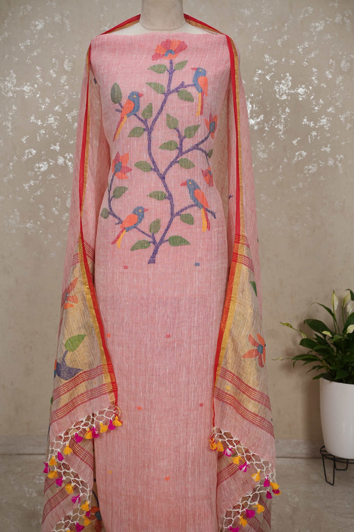 Unstitched Paithani Jamdani Handloom Suit with Peacock Motif & Tassels – 2 Pc Set