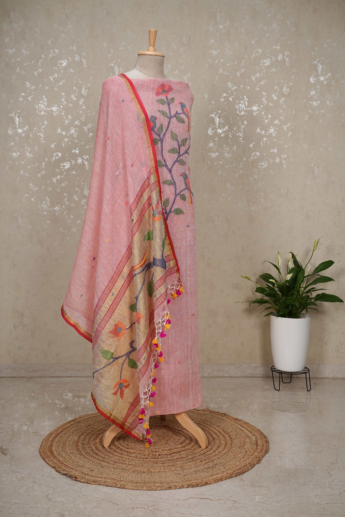 Unstitched Paithani Jamdani Handloom Suit with Peacock Motif & Tassels – 2 Pc Set