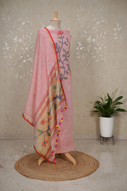 Unstitched Paithani Jamdani Handloom Suit with Peacock Motif & Tassels – 2 Pc Set