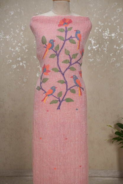 Unstitched Paithani Jamdani Handloom Suit with Peacock Motif & Tassels – 2 Pc Set