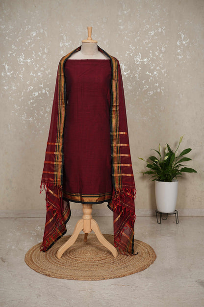Unstitched Mangalgiri Cotton Suit – Dark Red