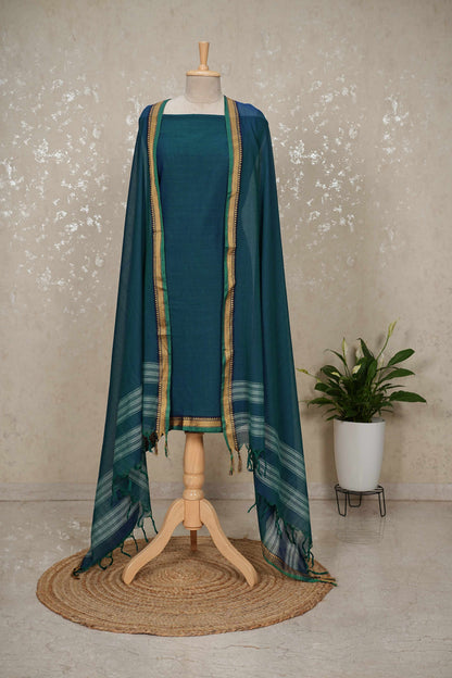 Unstitched Mangalgiri Cotton Suit – Teal Green