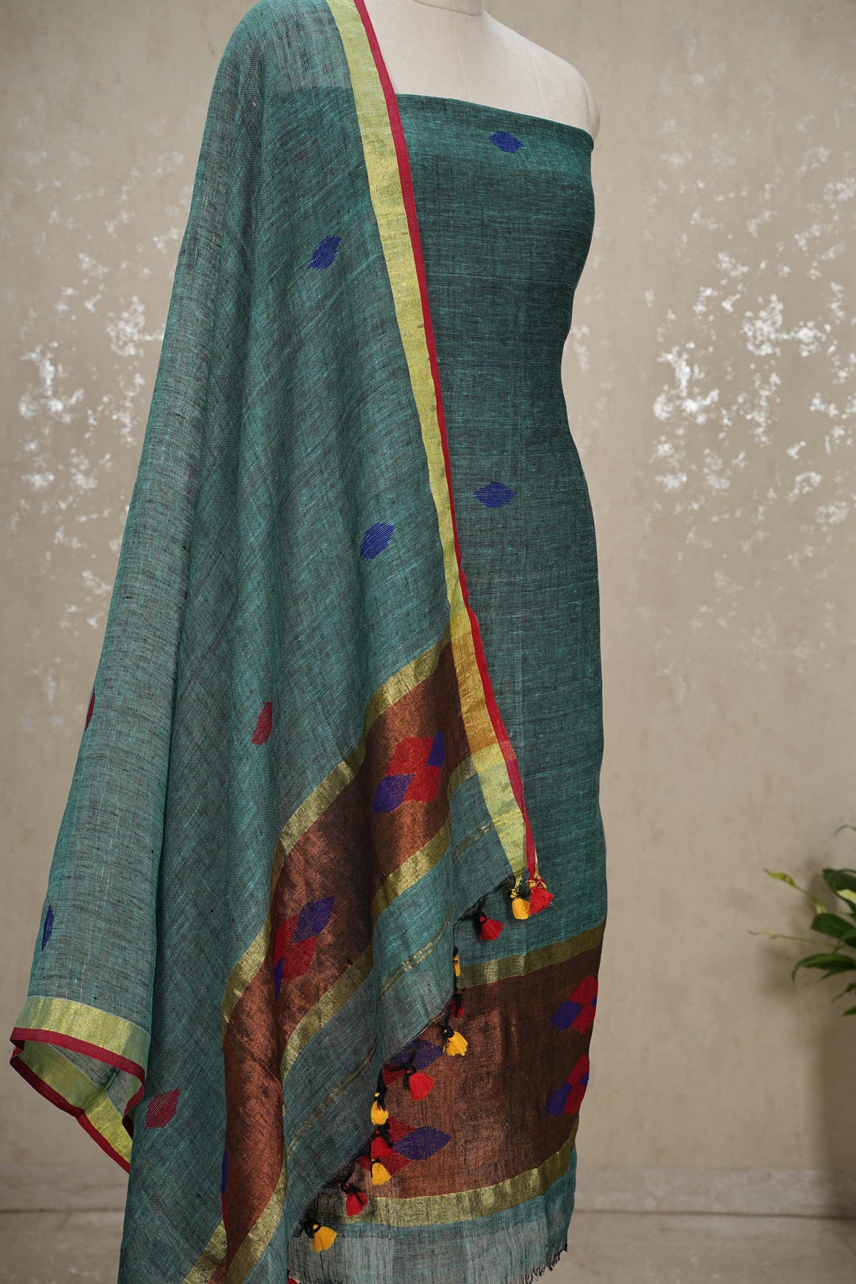 Unstitched Jayshree Linen Jamdani Suit – Teal Green Design 2