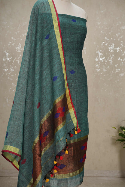 Unstitched Jayshree Linen Jamdani Suit – Teal Green Design 2