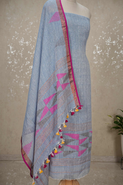 Unstitched Jayshree Linen Jamdani Suit – Light Blue