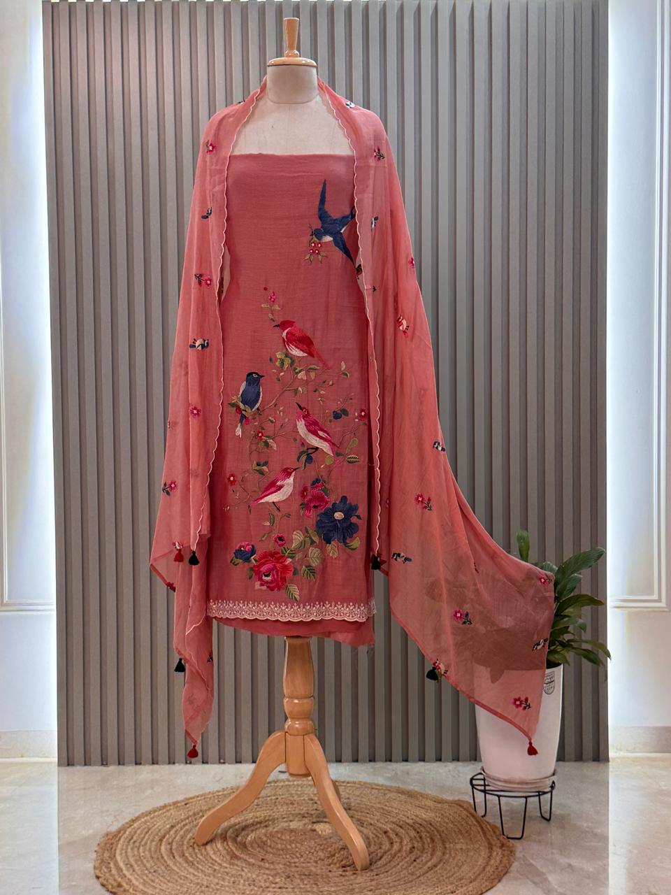 Pure mul chanderi suit with bird resham embroidery