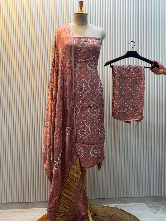 Unstitched Modal Silk Bandhani Suit – Peach