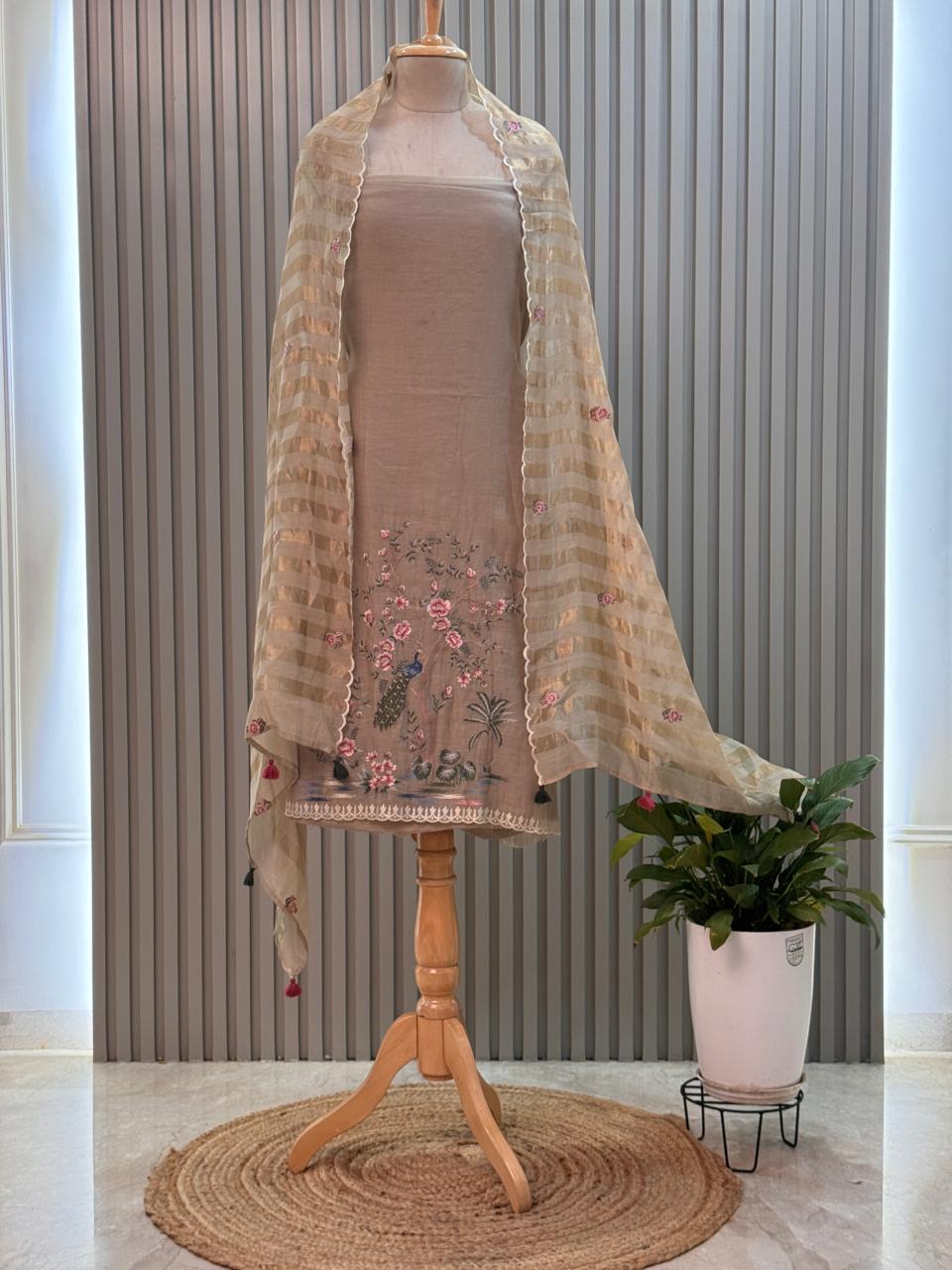 Peacock Motif Mul Chanderi Suit with Tissue Strip Dupatta